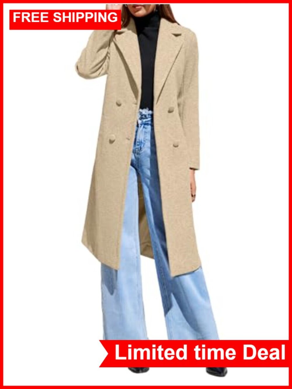Simplee Wool Blend Double Breasted Long Pea Coat Belted Overcoat